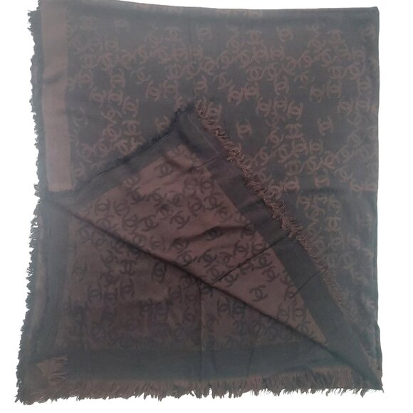 Vintage Classic Chanel Monogram Black Brown Wrap Scarf Scarves - Picture 1 of 5